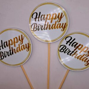 Toper Happy Birthday Auriu, 3 buc Rotund( din carton lucios), prevazut cu bete