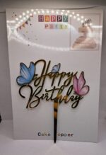 Toper Happy birthday auriu, cu fluturi, albastru, roz