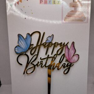 Toper Happy birthday auriu, cu fluturi, albastru, roz