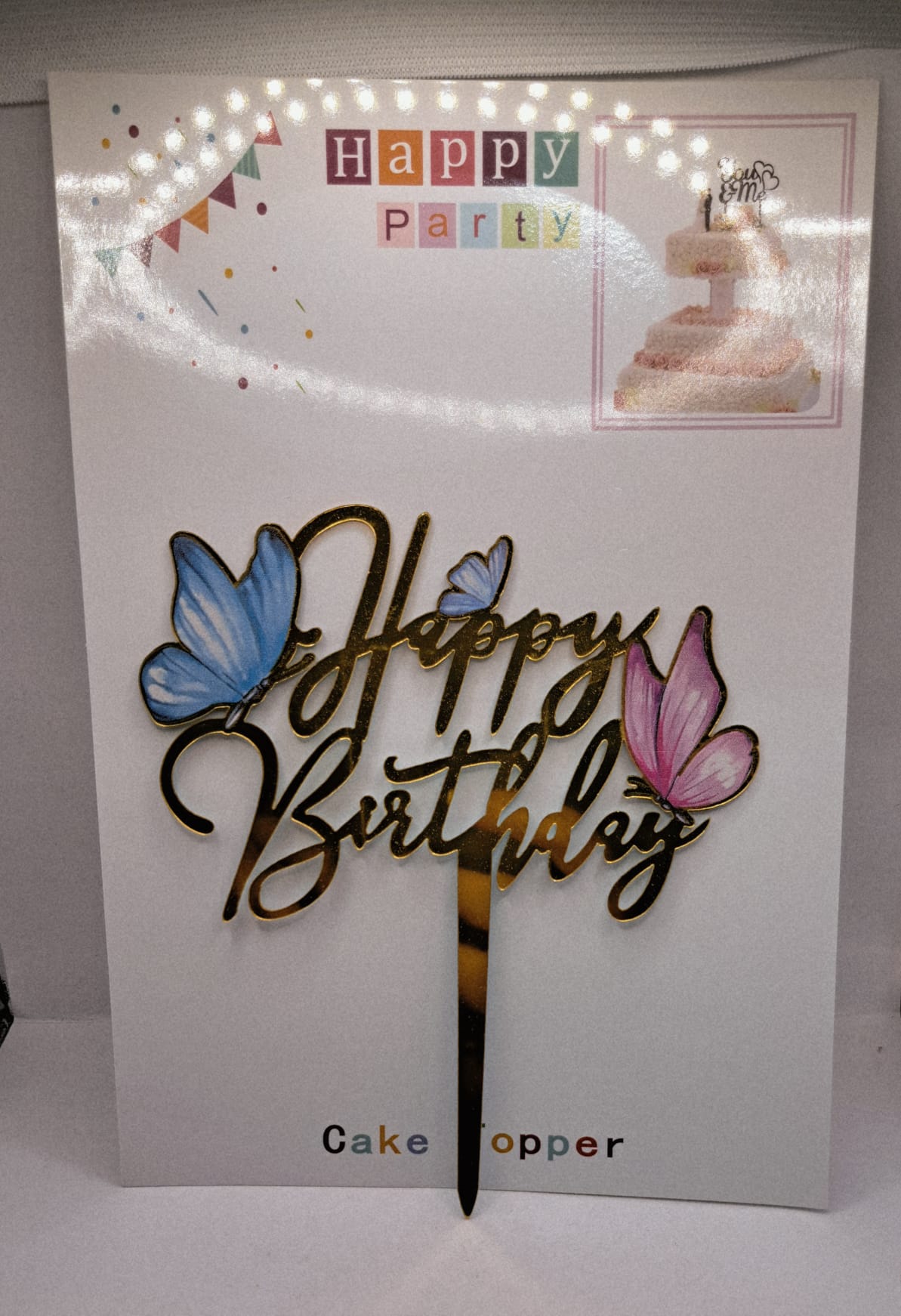 Toper Happy birthday auriu, cu fluturi, albastru, roz