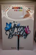 Toper Happy birthday, argintiu, fluturi roz albastru