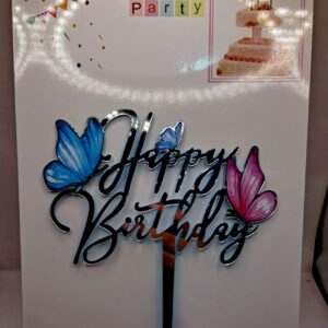 Toper Happy birthday, argintiu, fluturi roz albastru